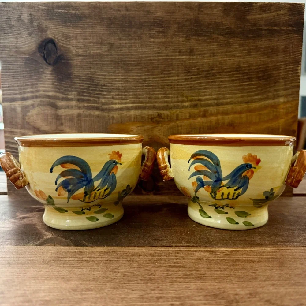 Classic Ceramics Calif. Pantry Dbl Handle Rooster Deco Soup Bowl 2 Hand Painted